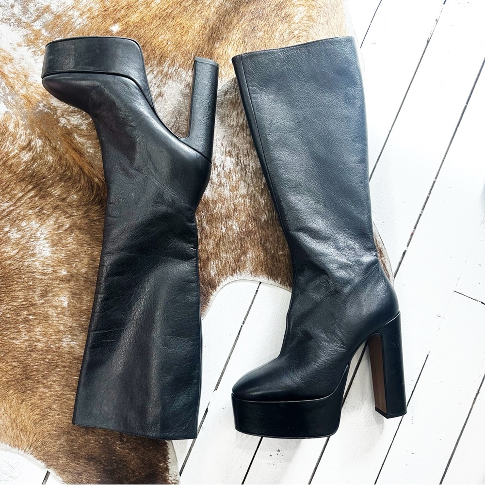 L'INTERVALLE Black Leather Platform Knee-High Heeled Boots